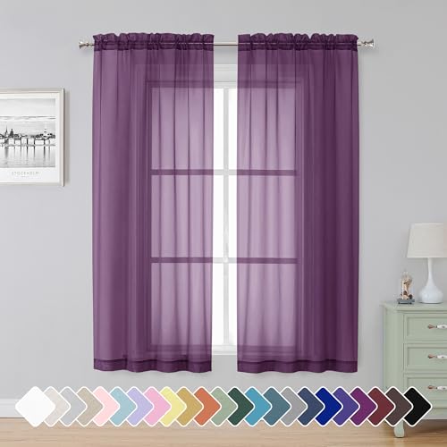 "Simplebrand Plum Sheer Curtains 63 inches Long with Rod Pocket, Elegant Sheer Curtains & Drapes for Living Room Bedroom, 42"" W x 63"" L, Set of 2, Plum,"