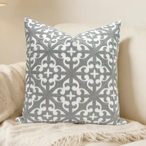 SLOW COW Embroidery Decorative Throw Pillow Cover Geometric Design Cushion Cover for Living Room 20 x 20 Inches Grey