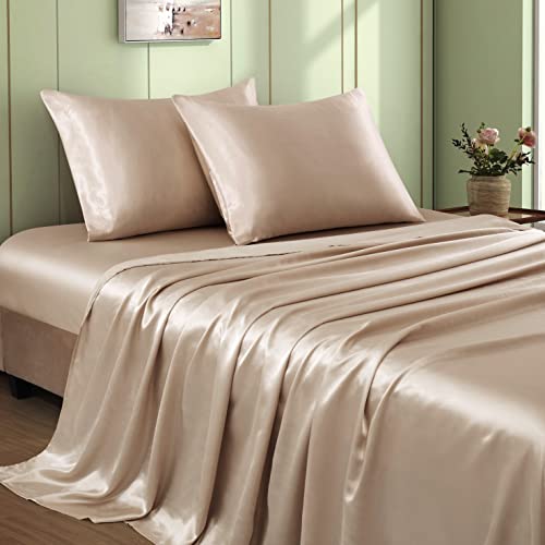 VACVELT 4pcs Beige Satin Sheets Queen Set, 15-Inch Deep Pocket - Silky Smooth Texture, Protects Skin And Hair, Wrinkle And Fade Resistant, Breathable Year Round, Machine Washable