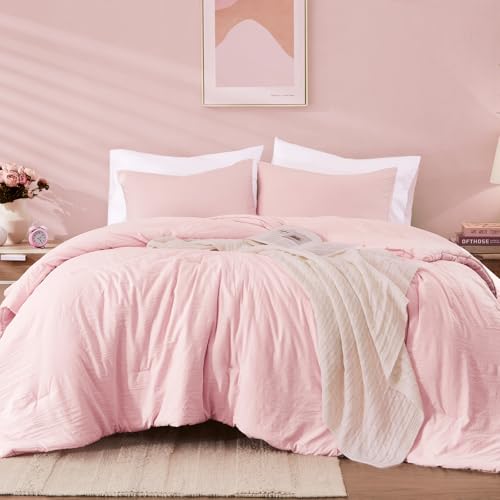 Queen Comforter Set-3 Pieces Soft Soft Pink Comforters Queen Size Bedding - All Seasons Prewashed Cozy Down Alternative Lightweight Comforter Sets with 2 Pillow Shams