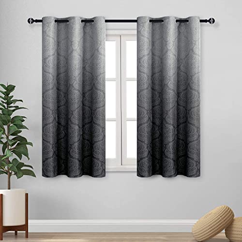 DWCN Black Ombre Short Curtains for Bedroom - Damask Patterned Thermal Insulated Blackout Room Darkening Grommet Curtains for Living Room, Set of 2 Window Curtain Panels, 46 x 54 Inches Long