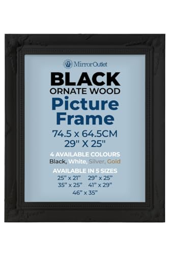 "MirrorOutlet The Antiquitus - Ornate Swept Black Picture Frame 29"" X 25"" (74.5 x 64.5CM) Wooden Frame with Glass and Backing Board Fitted. Ready To Fit Your Picture!"
