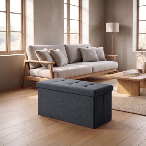 GC GAVENO CAVAILIA Linen Large Ottoman Storage Box With Lids, Charcoal - Fabric Padded Seat Ottoman Storage Bench Toy Chest - Folding Foot Stool For Hallway Living Room, Bedroom, 76x38x38cm