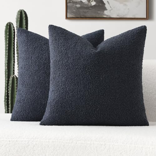 FUTEI Pack of 2 Navy Blue Decorative Throw Pillow Covers 16x16 Inch Soft Cozy Solid Boucle Textured Cushion Case,Modern Home Decor for Couch Bed Living Room
