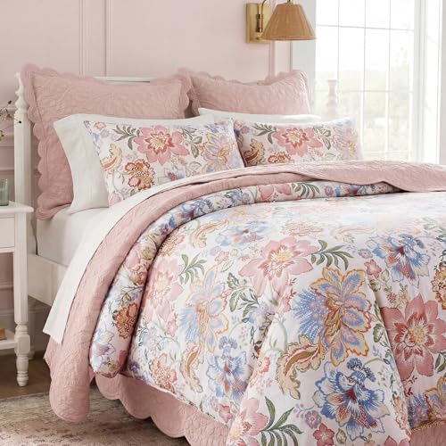 Bedorm Pink Floral Duvet Cover 100% Cotton Queen Bedding Set Pink and Blue Flower Green Leaf Botanical Bedding 3 Pcs Super Soft & Breathable Duvet Cover Set with Zipper Closure and Corner Ties