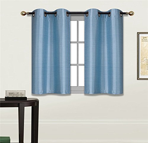 "Elegant Home 2 Panels Tiers Grommets Small Window Treatment Curtain Faux Silk Insulated Blackout Drape Short Panel 28"" W X 36"" L Each for Kitchen Bathroom or Any Small Window # D24 (Light Blue)"