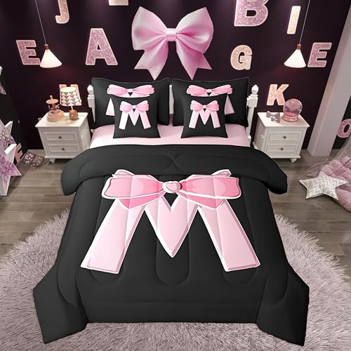 jejeloiu Kawaii Pink Bow Queen Comforter Set with Sheets,Gifts for Women Teen Girl,Personalized Initial Letter M 7 Piece Bedding Set,Soft Monogrammed Bed in a Bag with Comforter,Sheets,Pillowcases