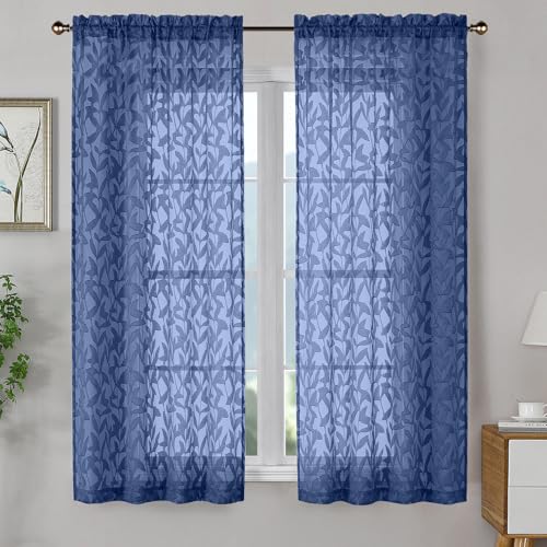 OWENIE Leyna 2 Panels Dusty Blue Sheer Curtains 63 Inch Length for Bedroom, Soft Lightweight Jacquard Clip Window Curtain for Living Room, Double Rod Pockets Textured Drapes, Each 40Wx63L Inches