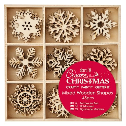 Create Christmas Small Mixed Wooden Shapes, Snowflakes, Brown, Pack of 45, Suitable for Home, Wood Paint, Wooden Toys and Card Craft, Ideal for Christmas Decorations and Card Making Supplies