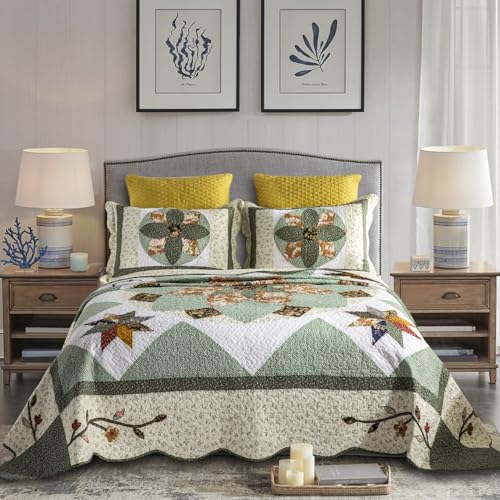 YAYIDAY Quilt King Size Patchwork Bedspread Set - 100% Cotton Reversible Breathable Green Earth Geometric Quilted Quilt with Pillow Shams for All Seasons
