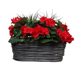 GreenBrokers Artificial Red Geranium Flowers & Lemon Grass in Rounded 40cm Rectangle Grey Wash Willow Basket - Faux Silk - UV Protected