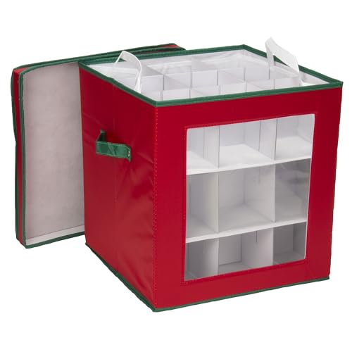 Household Essentials 552RED Medium Christmas Tree Ornament Storage Box -Stores Up to 27 Xmas Ornaments - Red Bin with Green Trim