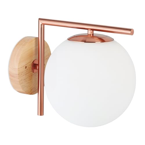 Relaxdays Wall Light Indoor E27 Glass Metal Wood Ball Bedroom Living Room HBD: 22 x 19.5 x 28 cm, iron art, copper coloured, 22 x 19,5 x 28 cm