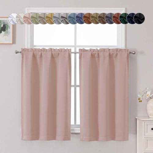 "Chyhomenyc Blush Pink Short Blackout Curtains 45 Inch Length, Small Kitchen Curtain Tier Rod Pocket Half Window Curtains for Bathroom Basement Cabinet Camper RV Bunk, 2 PCS, Each 30"" Wx45 L"