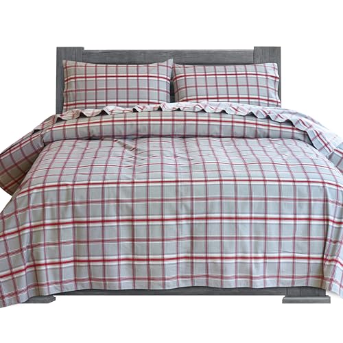 Elegant Comfort Soft 4-Piece 100% Turkish Cotton Flannel Sheet Set - Premium Quality, Deep Pocket Fitted Sheet, Ultra Soft, Cozy Warm Flannel Sheets - Cali King, Plaid Gray