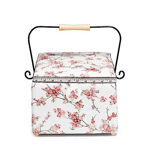 Prym 612057 Sewing Basket Large Square Cherry Blossom Nostalgia 26cm x 26cm x 19cm, White, One Size