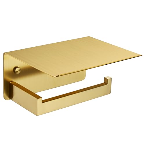 Angle Simple Toilet Paper Holder with Shelf, Brushed Dark Gold - SUS304 Stainless Steel Bathroom Tissue Roll Holder for Wall, Extra Shelf for Placing Phones Wet Wipes, Screw Wall Mount