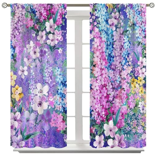 AuiMzoo Watercolor Flower Blackout Curtains, Garden Landscape Plants Blooming, for Bedroom Living Room Kitchen Rod Pocket Curtains42X45 Inch