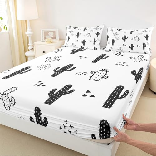 Castle Fairy Cactus Bed Sheet Set Twin Size,Cartoon Desert Plants Fitted Sheet 2pcs,Kids Boys Girls Bedroom Decor Black White Bedding Set Abstract Geometric Dot Hand Draw Bed Cover with 1 Pillowcase