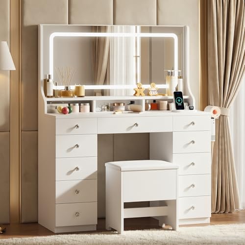 IRONCK Dressing Table with Mirror and Stool, Vanity Desk with Power Outlet & Hairdryer Holder, 11 Drawers Vanity Table with 3-Color LED Adjustable Brightness, White Dressing Table for Bedroom