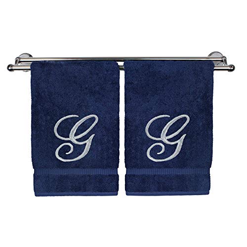 Monogrammed Hand Towel, Personalized Gift, 16 x 30 Inches - Set of 2 - Silver Embroidered Towel - Extra Absorbent 100% Turkish Cotton- Soft Terry Finish - for Bathroom, Kitchen and Spa- Script G Navy