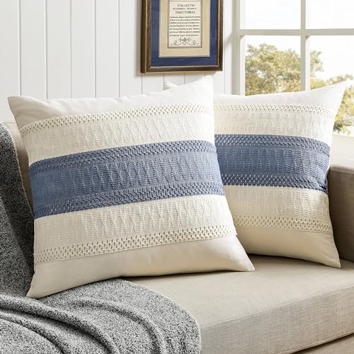 ZeeMart 2 Pack Boho Throw Pillow Covers, Contrast Blue 22x22in - Soft Breathable Cotton, Farmhouse Decorative Couch Pillow Cases, Cushion Covers for Sofa Bed Living Room Home Decor