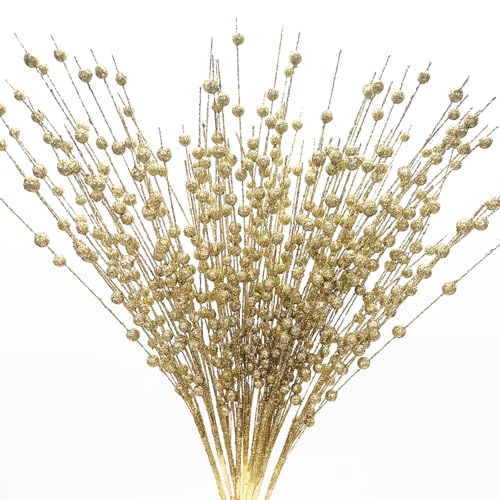 Artificial Glitter Berry Stem Ornaments, Gold Bright Berries Decorative Bead Sticks, Picks Branches Glittery Twigs for Home Christmas Tree Vase Holiday Wedding Party Decor - 17 Inch Golden 10 Pack