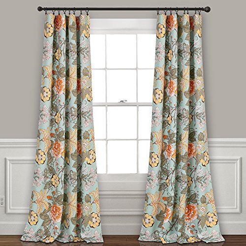 Lush Decor Sydney Curtains - Floral Garden Room Darkening Window Panel Set for Living, Dining, Bedroom (Pair), 95” x 52”, Blue and Green, L, Blue & Green