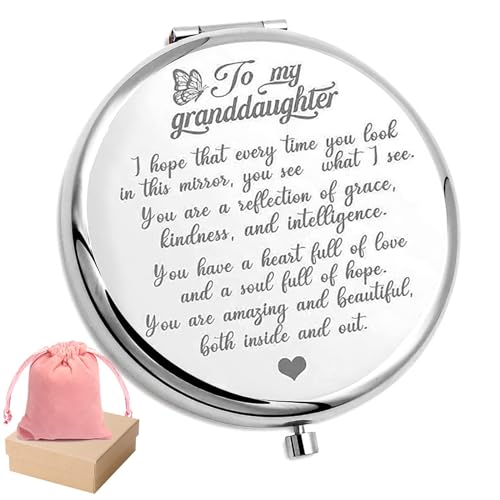 HNLUGF to My Granddaughter - You're Amazing and Beautiful - Pocket Mirror, Encouragement Gift Compact Makeup Mirror, Folding Pocket Mirror Granddaughter Gifts from Grandparents (Silver)