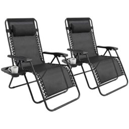 Set of 2 Folding Reclining Adjustable Zero Gravity Lounge Chairs, Garden Chairs leisure Beach Chair with Headrest Sun and Cup Holder Loungers Powder-coated Steel Frames, Sunlounger,Beach Lounger,Black