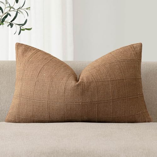 Foindtower Set of 1 Decorative Linen Check Throw Pillow Cover Neutral Farmhouse Lumbar Cushion Cover Modern Boho Home Decor for Sofa Chair Couch Bedroom Living Room,12??20 Inch,Brick