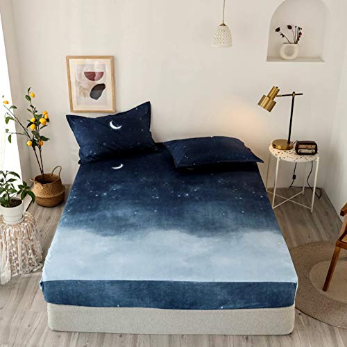 Feelyou Kids Galaxy Fitted Sheet Chic Starry Sky Bed Sheet Set Twin Size for Girls Boys Teens Bedroom Soft Moon Night Bedding Set Blue Watercolor Style Bed Cover with 1 Pillow Case