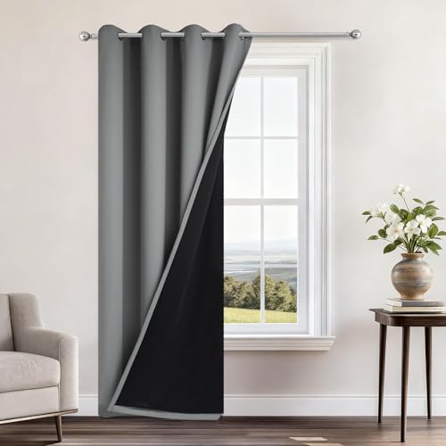"Yakamok 100% Blackout Curtains 84 Inches Long, 2 Thick Layers Heat and Full Light Blocking Soft Thermal Insulated Drapes for Bedroom(52"" Wide Each Panel, Grey, 1 Panel)"