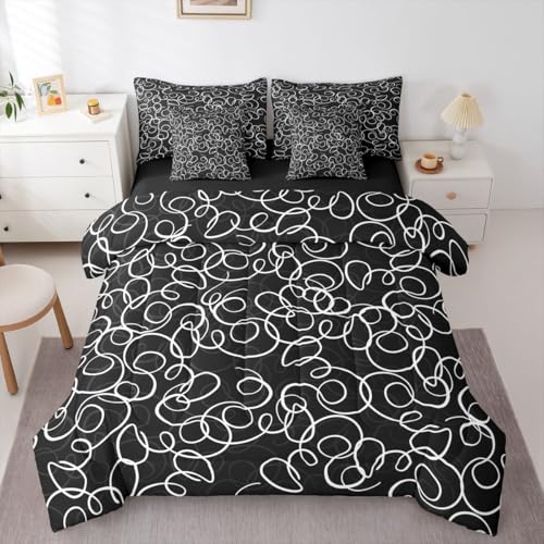 Erosebridal Black White Geometric 7 Piece Comforter Set King Abstract Line Modern Art Bedding Set for Kids Teens Boys Chic Swirls Bed in A Bag Texture Artwork Sheet Set Bedroom Decor