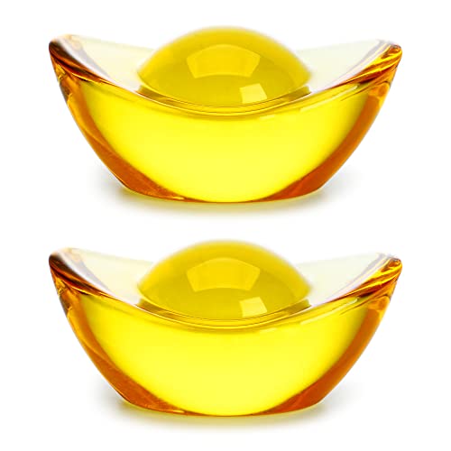 YU FENG 2 Pcs Handmade Chinese Yellow Crystal Yuan Bao Figurine Collectibles Feng Shui Golden Ingot Statues Ornament for Wealth Luck,3.1''