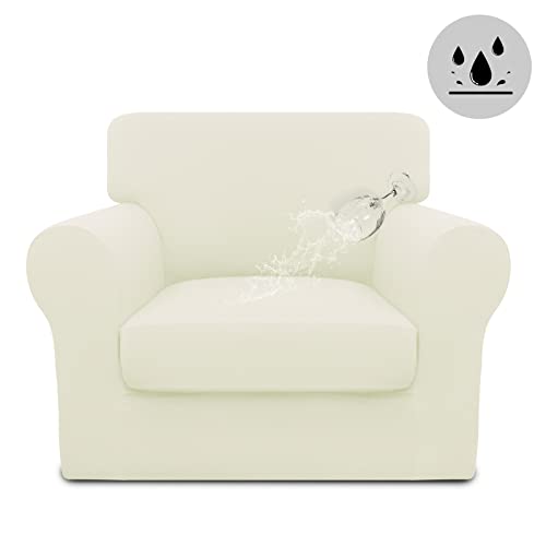 Easy-Going 100% Dual Waterproof 2 Pieces Chair Cover Stretch Soft Couch Cover for Dogs, Sofa Slipcover for 1 Separate Cushion Couch Leakproof Furniture Protector for Kids, Pets Ivory