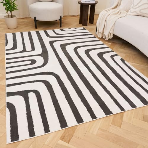 THE RUGS Living Room Rug, Loft Collection – Modern Textured 14mm Soft Pile Area Carpet, Non-Shedding & Easy Care [ Geometric Dark Grey, 80x150 cm]
