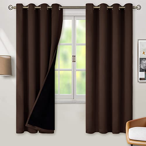BGment Thermal Insulated 100% Blackout Curtains for Bedroom with Black Lining Double Layer Blackout Noise Reducing Eyelet Curtain 132 x 183 cm Brown 2 Panels