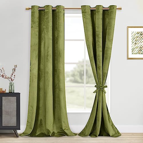 DWCN Velvet Curtains - Super Soft Velvet Drapes for Bedroom Bundleable Room Darkening Heat Block Out Noise Absorb Curtain Panels for Office/Bedroom/Meeting Room, Moss Green, W42 x L96, 2 Panels