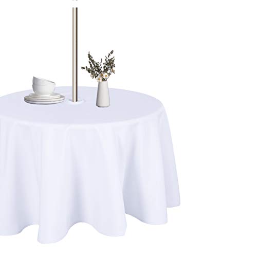 LUSHVIDA Round Outdoor Tablecloth with Umbrella Hole and Zipper, 60 Inch White, Washable Waterproof Table Cloth Spill Proof Wrinkle Free Table Cover for Patio Spring Summer Picnic BBQS