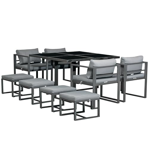 Outsunny 9PCs Patio Aluminium Dining Set, Space Saving Cube Set with 4 Chairs, 4 Ottoman, Cushions, 8 Seater Garden Furniture