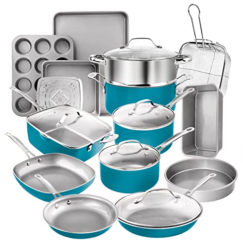 Gotham Steel 7528 Pots and Pans Aqua 20 Piece Pots & Pans, Nonstick Ceramic Cookware + Bakeware Sets ??? Skillets, Stockpots, Cookie Sheets and More, 100% PFOA Free, Aluminum, Ocean Blue