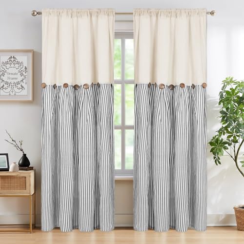 ASPMIZ Boho Rustic Button Curtains, Linen Window Curtain Panels, Grey Striped Country Curtains for Bedroom, Back Tab Modern Drapes for Windows, 52 x 84 Inch, 2 Panels
