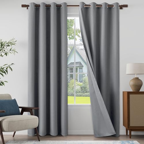 "100% Blackout Linen Textured Curtains 90 Inch Length 2 Panels Set for Living Room, Bedroom, Light Weight Curtains with Grommets Top, Full Blackout Curtains Privacy Protection, Gray, 52"" W x 90"" L"