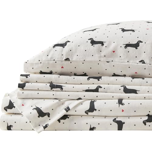 Comfort Spaces Cotton Flannel Breathable Warm Deep Pocket Sheets with Pillow Case Bedding, Twin XL, Black Dog 3 Piece