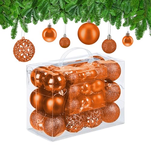 Relaxdays Christmas Bauble Set of 50, Glittery, Matt & Shiny Ornaments, Plastic Xmas Tree Balls, Ø: 3, 4 & 6 cm, Orange