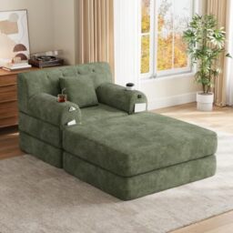 Ball & Cast Folding Sofa Bed Convertible Sleeper Chair with Back Support and Pillow Fold Out Single Sofa Bed Chair Comfy Foldable Mattress Floor Couch for Living Room Bedroom Green