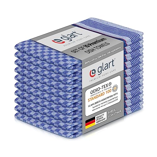 Glart 48GR Cotton Dish Towels 10-pack - 45x90cm, pre-washed, absorbent, lint-free & washable kitchen towels for drying, polishing - Designed in Germany.