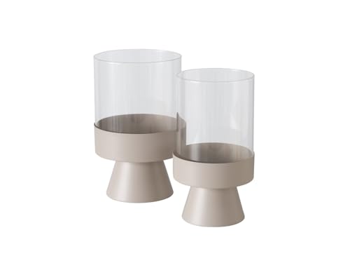 Boltze Pallas 2034703 Lantern (Candlestick Made of Powder-Coated Iron and Clear Glass, Beige, Round, 2-Piece)