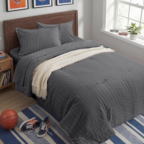 Twin Comforter Set 5 Piece, Dark Grey Bed in a Bag Twin Size Bedding Sets - Zzlpp Seersucker OEKO-TEX Certified Down Alternative Comforter with Breathable sheets&pillowcases,Lightweight,All Season